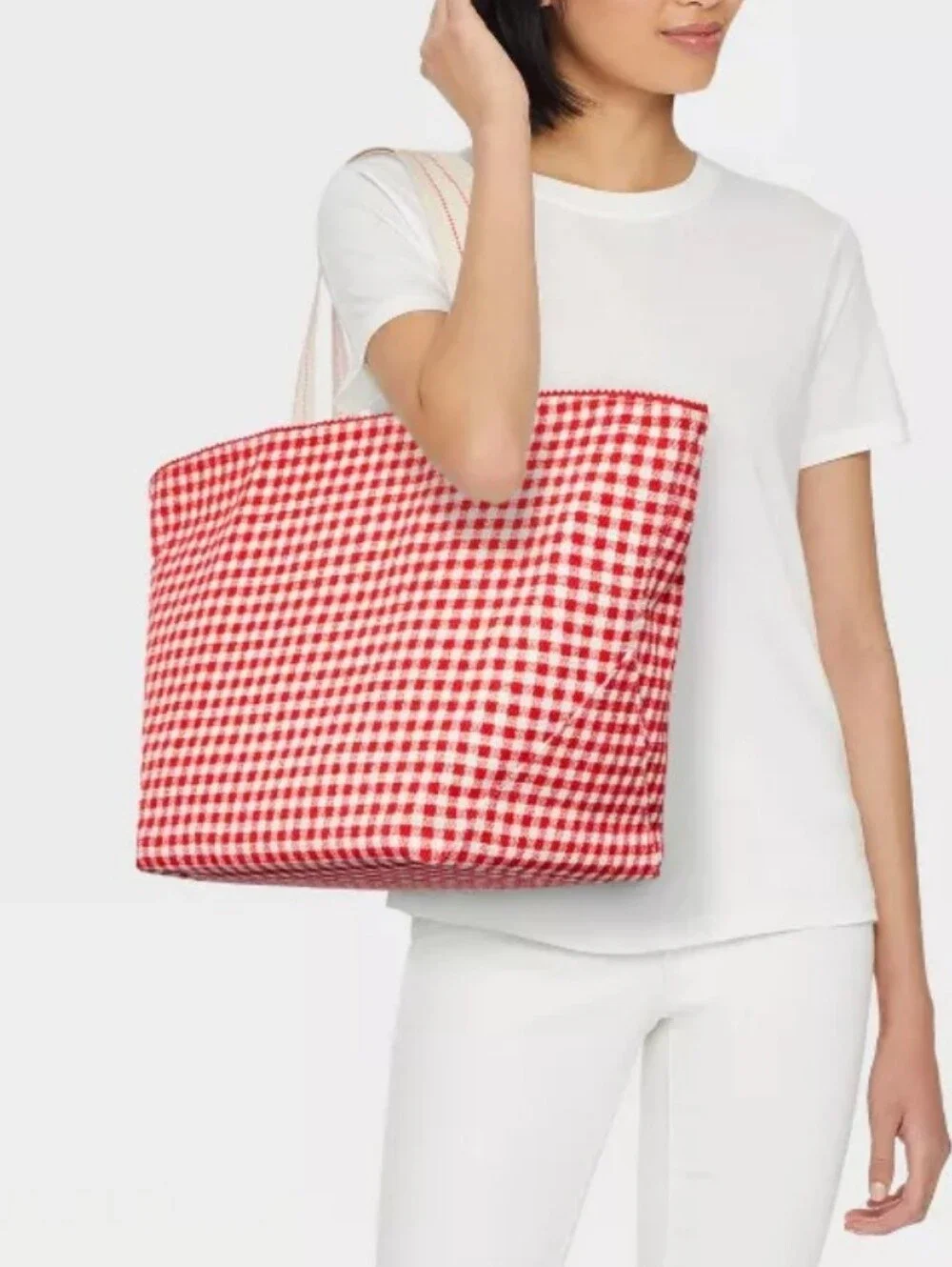 Universal Threads Reversable Red Gingham Canvas  Tote Bag  NWT